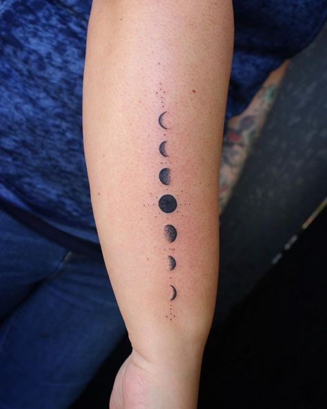 Moon Phases Tattoo Chest Women, Lunar Cycle Tattoo Minimalist, Small Moon Phase Tattoo, Moon Phases Tattoo Arm, Simple Moon Phases Tattoo, Moon Phase Tattoo, Moon Phases Tattoo, Inner Forearm Tattoo, L Tattoo