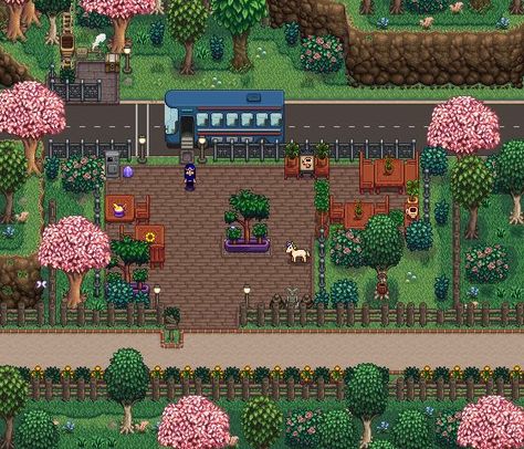 Stardew Valley Npc Paths, Bus Stop Sdv, Stardew Valley Horse Mod, Stardew Path Ideas, Stardew Pet Area, Stardew Valley Bus Stop Decoration, Bus Stop Stardew Valley, Stardew Bus Stop Design, Stardew Valley Bus Stop Design