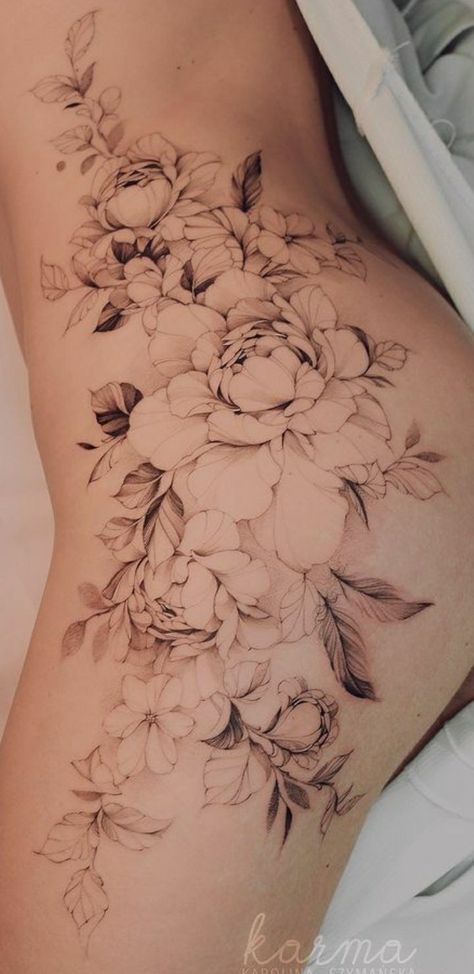 Tattoos For Women Hip Waist, Hip Waist Tattoos Women, Lower Back Tattoos For Women Unique, Floral Tatoos, Pelvic Tattoo, Floral Hip Tattoo, Flower Hip Tattoos, Side Tattoos Women, Tattoo Hip