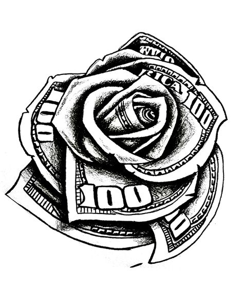 Money And Time Tattoo, Crip Tattoos Designs, Roses And Clock Tattoo Design, Money Rose Drawing, Money Roll Tattoo Design, Rose Money Tattoo, Money Bag Tattoo Design, Money Bag Tattoo On Hand, Get Rich Or Die Trying Tattoo