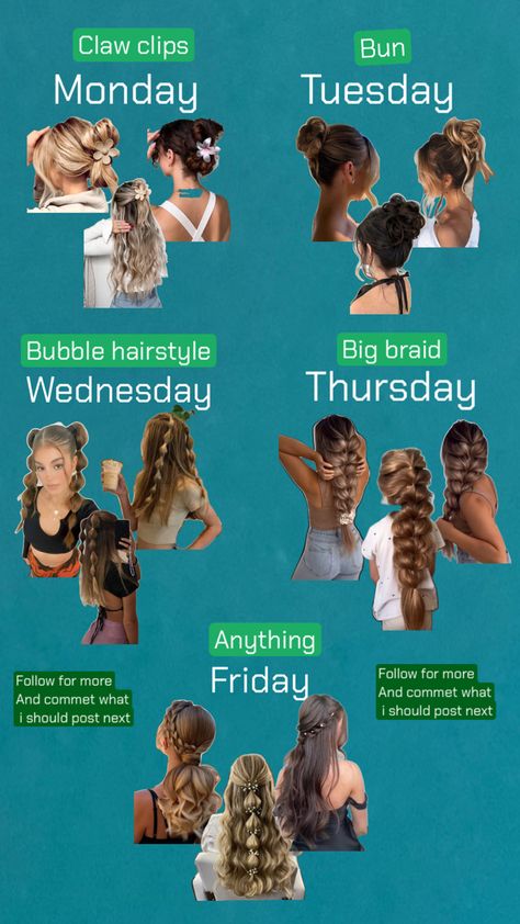 Monday clock clip. Tuesday bun, Wednesday, bubble hair, Thursday braid Friday anything? Cute School Hairstyles, Picture Day Hair, Cute Hairstyles For School, Big Braids, School Hair, School Hairstyles, Picture Day, Please Follow Me, Hairstyles For School