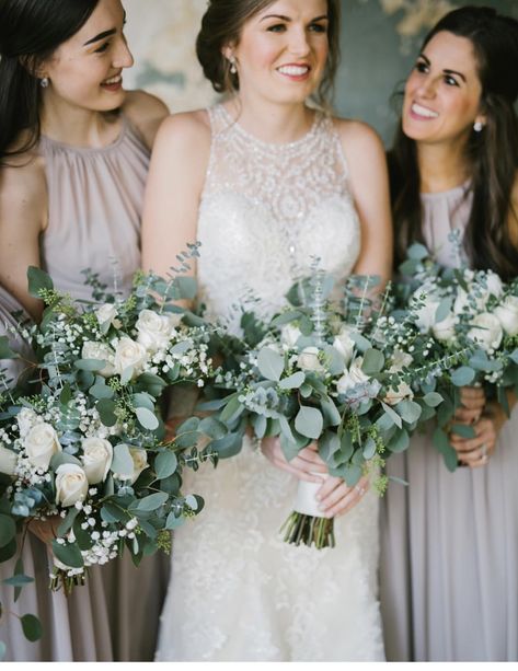 Soft and romantic wedding bouquet; green and white wedding flowers; ivory vendella roses, silver dollar eucalyptus; spiral eucalyptus; seeded eucalyptus and babys breath  Lisa Foster Floral Design   www.lisafosterdesign.com Eucalyptus And Carnations Bouquet, Wedding Bouquets White Roses And Eucalyptus, White Carnations And Eucalyptus, Carnation Eucalyptus Bouquet, White And Green Bridesmaid Bouquet, Greenery Bridesmaid Bouquet, Wedding Bouquet Green, Wedding Flowers Pink Roses, Burgundy Carnations