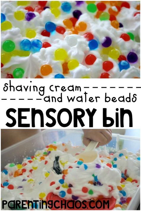 Shaving Cream and Water Beads Sensory Bin: We mixed our water beads with another one of our sensory favorites — shaving cream! The kids loved it! Five Senses Preschool Sensory Table, Slp Sensory Activities, Shaving Foam Sensory Play, Cupcake Sensory Bin, Cheap Sensory Bin Ideas, Science Sensory Bin, Sensory Tables, Therapy Fun, Preschool Sensory