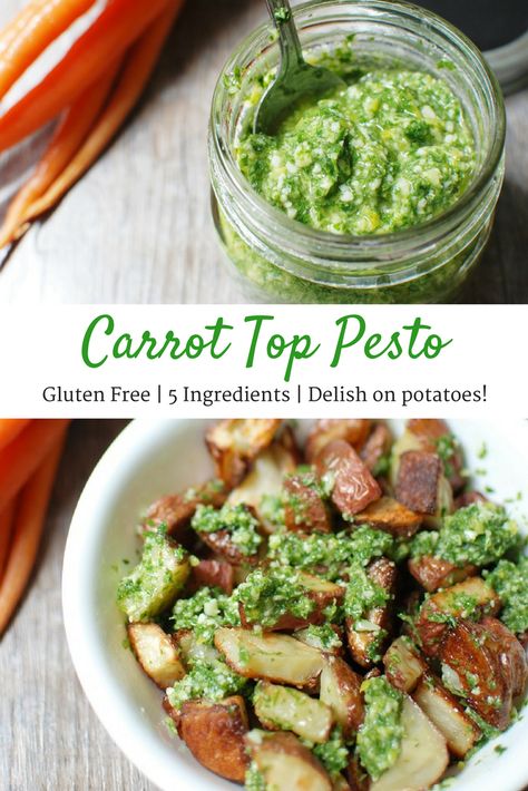 Carrot top pesto is an easy recipe that tastes delicious. Use it on grilled chicken, roasted potatoes, drizzled over avocado toast, or any way you see fit! Recipes With Carrot Tops, What To Do With Carrot Tops, Carrot Tops Recipes, Carrot Greens What To Do With, Carrot Top Recipes, Carrot Recipes Healthy, Carrots Recipe Healthy, Carrot Top Pesto, Carrot Tops