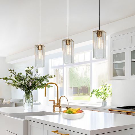 Elegant Gold 1-Light Modern Water Rippled Glass Kitchen Island Pendant Light for Dining Room - 5"W x 13.5"H - On Sale - Bed Bath & Beyond - 36061401 Kitchen Island Lighting Ideas Modern, Island Lights Kitchen Pendant, Cabinet Color Schemes, Brass Kitchen Light Fixtures, Modern Pendant Lighting Kitchen Island, Kitchen Lights Over Island, Kitchen Lighting Ideas Over Island, Island Lighting Kitchen, Pendant Lights Over Kitchen Island