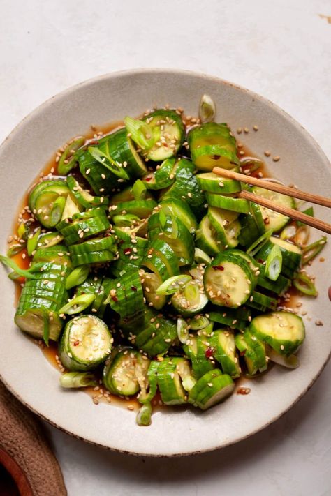 Spicy Cucumber Salad (spiral accordion cucumbers) - Healthful Blondie Accordion Cucumber, Asian Chicken Meatballs, Spicy Cucumber Salad, Ahi Tuna Steak, Spicy Cucumber, Asian Cucumber Salad, Cucumber Salad Recipe, Mini Cucumbers, Tuna Steaks