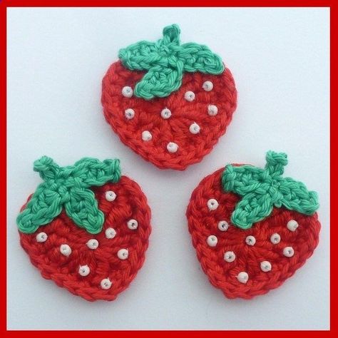 3 Strawberry crochet appliques Strawberry Crochet, Crochet Appliques, Crochet Embellishments, Confection Au Crochet, Crochet Strawberry, Crochet Fruit, Popular Crafts, Crochet Food, Crochet For Home