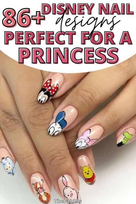 Disney Nails Colorful, Disney Character Nail Designs, Disney Acrylic Nails Princesses, Disney Theme Nails Design, Disney Nail Tips, Disney Manicure Ideas, Disney Princess French Tip Nails, Disney Princess Manicure, Disney Nails Simple