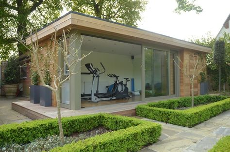 Garden Gym With Sauna, Garden Gyms, Garden Gym Ideas, Gym Shed, Residential Garden, Garden Gym, Backyard Gym, Dream Home Gym, Garden Cabins