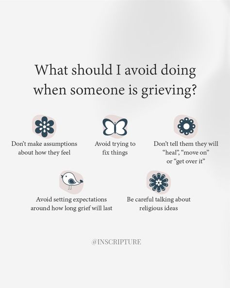 THINGS TO AVOID // When someone is grieving⁣ ⁣ It is very hard to know what you should or shouldn't do when someone is grieving, it is such a sensitive time. Often, just being there for them is most appreciated. ⁣ ⁣ A beautiful post from Sue Ryder - bereavement support charity. 🦋⁣ ⁣ ⁣💙 Take a look at their online support, available at sueryder.org/support⁣⁣ ⁣⁣⁣ www.inscripture.com⁣⁣⁣ ⁣⁣⁣ #memorialjewellery #special #keepsake #keepsakejewellery #withmealways #handwritingjewellery #memorialgift... Bereavement Support, Online Support, Memorial Gifts, Get Over It, When Someone, Counseling, Spirituality, Tools, Feelings