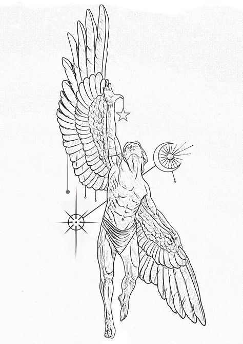 2.5 Inch Tattoo, Icarus Flying Tattoo, Angel Tattoo Stencils, Tattoo Design Minimalist, Blackwork Tattoo Design, Icarus Tattoo, Zeus Tattoo, Tattoo Design Tattoo, Tattoos Sleeve