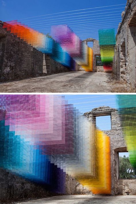 Screen Installation Art, Hanging Art Installation, Color Sculpture, Colorful Art Installations, Color Installation, Prefabricated Architecture, Layers Art, Greek Ruins, Fabric Installation