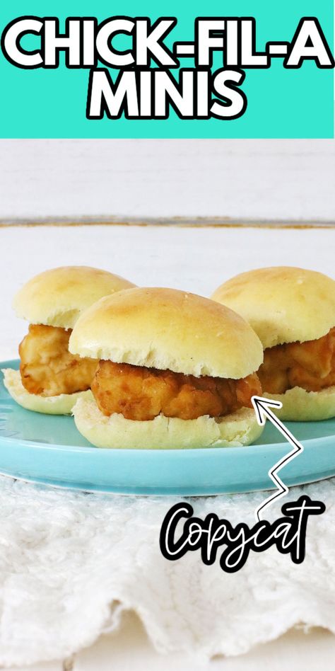 Copycat Chick-Fil-A Chicken Minis Chic Fil A Chicken Mini Recipe, Chicken Minis Chick Fil A Copycat, Chicken Minis Copycat, Chicken Minis Chick Fil A, Chik Fil A Chicken, Chick Fil A Recipe, Brunch Sandwich, Sliders Recipes Chicken, Copycat Chick Fil A