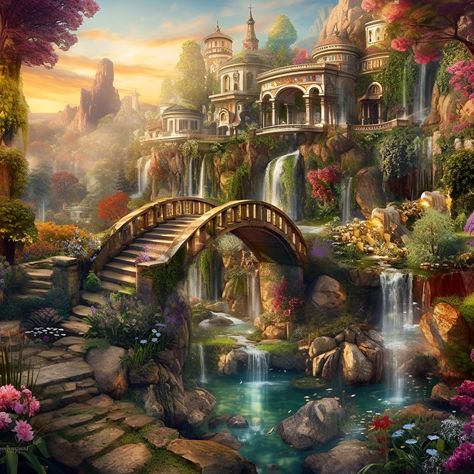 Fantasy Garden Art Magic, Elf Kingdom Fantasy Art, Fantasy World Landscapes, Fantasy Oasis, Garden Design Plans Drawing, Gardener Quotes, Magic Building, Elf Garden, Elf Village