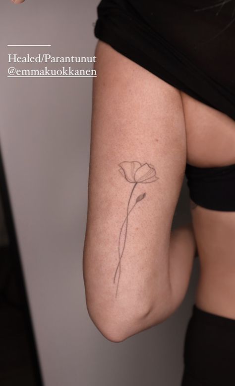 Back Of Bicep Tattoo, Single Line Poppy Tattoo, Girl Bicep Tattoo, Line Tattoo Back, Poppy Tattoo Arm, Back Of Bicep Tattoo Women, Back Bicep Tattoo, Amapola Tattoo, Minimalist Back Tattoo Women