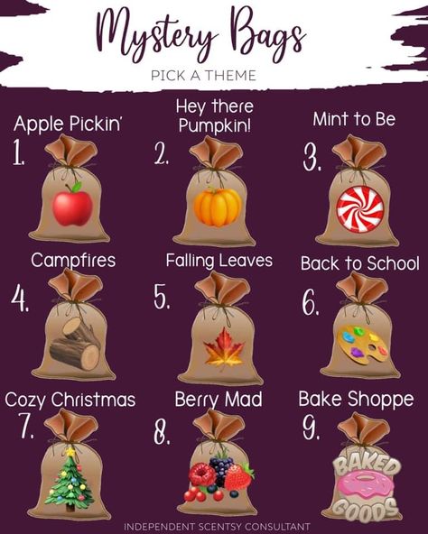 Teacher Friend Gifts, Scentsy Games, Scentsy Facebook Party, Interaction Posts, Scentsy Marketing, Interactive Facebook Posts, Scentsy Fall, Mystery Bags, Scentsy Consultant Ideas