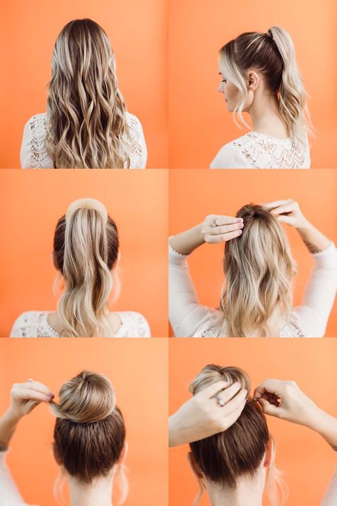 How to Style a Donut Bun - A Beautiful Mess Messy Bun With Donut, Hair Donut Styles, Bun Donut, Donut Bun Hairstyles, Lob Styling, High Bun Hairstyles, Donut Bun, Bun Tutorials, Hair Donut