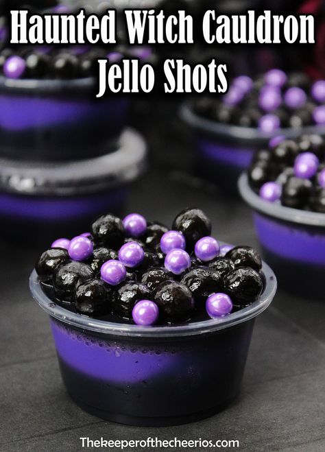 haunted-witch-cauldron-shot-2 Witches Jello Shots, Witches Brew Jello Shots, Witch Brunch Ideas, Purple Jello Shots Recipe, Cauldron Dessert, Halloween Jell-o Shots, Witch Themed Food, Purple Foods For Party, Liquor Desserts