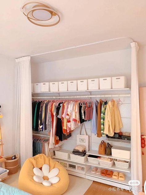 Bedroom Ideas For Small Rooms With Wardrobe, Bed Next To Closet Small Bedrooms, Tiny Bedroom With Wardrobe, Wardrobe Room Ideas Diy, Adding Closet To Room, Tiny Room Closet Ideas, Studio Apartment Wardrobe Ideas, Diy No Closet Solution, Clothing Studio Interior