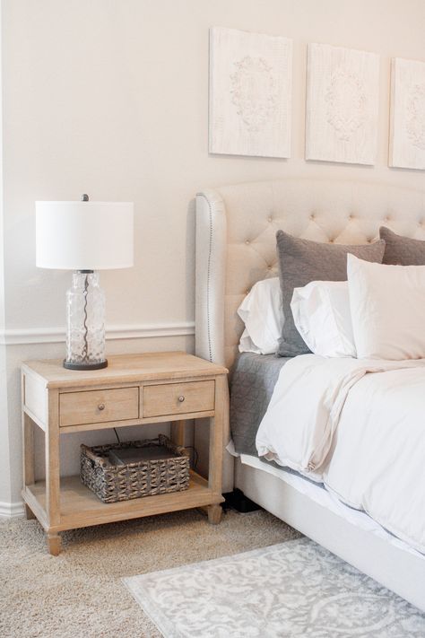 Get the Look: Cozy, Neutral Master Retreat — Farmhouse Living Cream Bed Head, Pottery Barn Sausalito Bedroom, Sausalito Nightstand, Pottery Barn Bedroom Master, Parachute Bedding, Pottery Barn Sausalito, Tan Bedroom, Bedding Neutral, Bedroom Bright