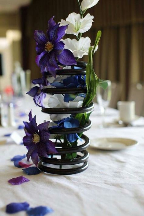 Gearhead centerpiece Iron Wedding Decor, Car Wedding Decoration Ideas, Guy Centerpiece Ideas, Car Parts Wedding Decor, Subaru Wedding, Car Wedding Theme, Mechanic Centerpiece Ideas, Car Themed Wedding Centerpieces, Car Wedding Ideas