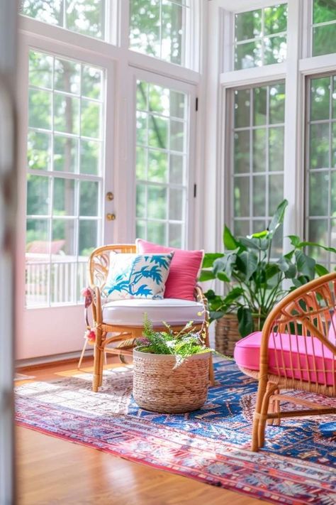 Brighten Your Space: Sunroom Paint Ideas Sunroom Paint Ideas, Colorful Sunroom, Paint Studio, Sunroom Decorating, Backyard Balcony, Colourful Cushions, Online Interior Design, Paint Ideas, Complementary Colors