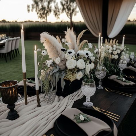 Outdoor Black Wedding, Black Table Settings Wedding, Black Wedding Reception Tables, Black Boho Wedding Table Decor, All Black Table Decor, Ivory And Black Wedding Reception, Black Table Cloth With Runner Wedding, Wedding Black Tablecloth Decor, Black Tablecloths Wedding