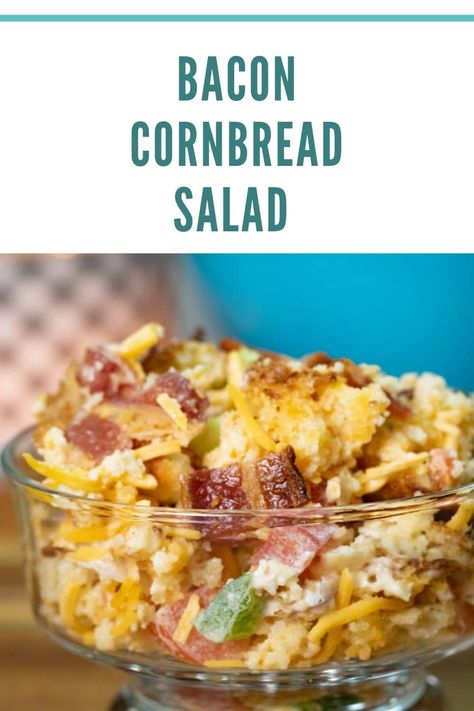 Bacon Cornbread Salad is a great southern classic. Combining fresh salad components with sweet southern cornbread is a win all the way around. Dressed with a mayo dressing and the king of protein, Bacon! #bacon #cornbread #salad #cornbreadsalad #baconcornbreadsalad Southern Cornbread Salad Paula Deen, Cornbread With Bacon Grease, Country Salad Recipes, Cornbread Salad Southern, Cold Cornbread Salad, Jiffy Cornbread Salad Recipe, Cornbread Salad Recipe Paula Deen, Brenda Gantt Cornbread Salad, Cornbread Salad Trisha Yearwood