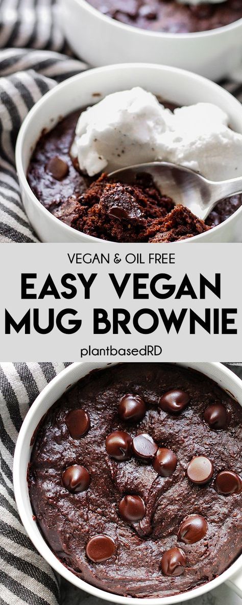 Easy Vegan Mug Brownie (vegan & oil free) – Plant Based RD Vegan Plant Based Desserts, Oil Free Brownies, Wfpb Mug Cake, Vegan Mug Meals, Oil Free Plant Based, 5 Minute Vegan Dessert, Vegan Brownie In A Mug, Simple Wfpb Recipes, Vegan Oil Free Dessert