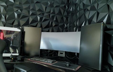 3d wall panels day shot - gaming post - Imgur Drop Ceiling Panels, Company Logo Wall, Drop Ceiling Tiles, Battle Station, Textured Wall Panels, Computer Build, Gaming Setups, Pvc Wall Panels, 3d Panels