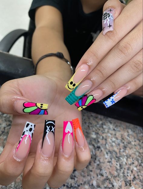 Mitch Match Nails, Mix Match Nail Designs, Bsf Nails Matching, Coronation Ideas, Match Nails, Mix Match Nails, Nail Piercing, Super Cute Nails, French Tip Acrylic Nails