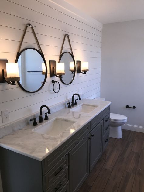 Wood tile floor, gray vanity, white ship lap Master Bathrooms 2024 Trends Farmhouse, Bathroom Design Wood, Farmhouse Bathrooms, Guest Bathroom Design, Wood Floor Bathroom, Shiplap Bathroom, Grey Wood Floors, Farmhouse Bathroom Vanity, Coastal Bathroom