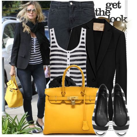 Love this entire look, good basics with a pop of color! Yellow Bag Outfit, Heidi Klum Style, Yellow Purse, Purse Outfit, Yellow Purses, Yellow Outfit, Heidi Klum, Mellow Yellow, Black Outfit