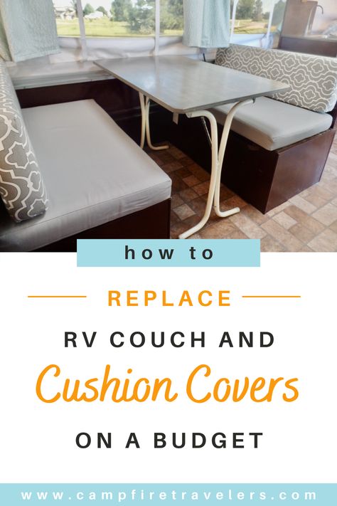 Recovering Rv Dinette Cushions, Rv U Shape Dinette Remodel, Rv Dinette Remodel, Rv Transformation, Skoolie Design, Camper Cushion Covers, Rv Dinette Cushion Covers, Rv Cushions, Camper Updates