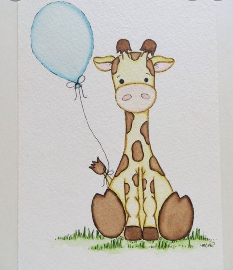 Painting Giraffe, Balloon Watercolor, Baby Room Paintings, Nursery Painting, Giraffe Drawing, Nursery Door, Painting Nursery, Giraffe Painting, Birthday Card Drawing