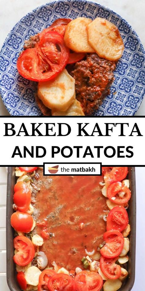 Kafta bil sanieh is oven-baked kafta with potatoes, tomatoes, and vegetables in a rich and flavorful tomato sauce. Dairy Free Appetizers, Middle East Food, Baked Tomatoes, Carb Free, Oven Dishes, Lebanese Recipes, Minced Meat, Oven Recipes, Middle Eastern Recipes