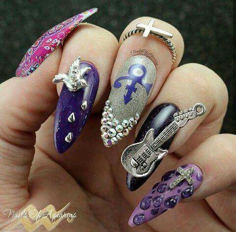 Prince Inspired Nails, Prince Nails, 3d Nail Art Designs, Crazy Nail Art, Nails Art Designs, Raspberry Beret, Rip Prince, Prince Art, Inspired Nails