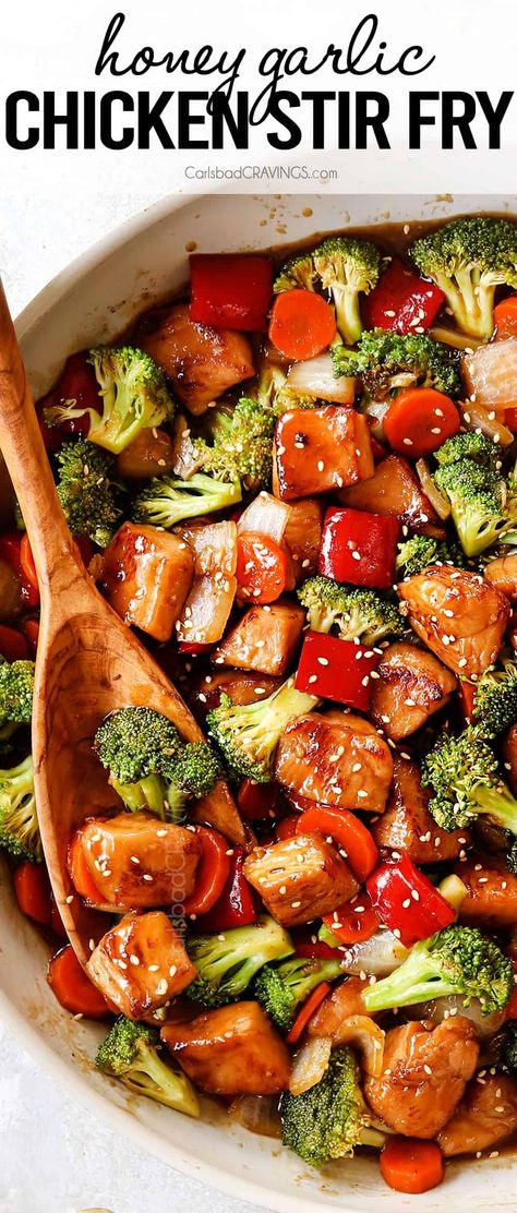 Honey Garlic Chicken Stir Fry with the BEST Sauce! Ginger Stir Fry Sauce, Honey Garlic Chicken And Veggies, Honey Garlic Chicken Stir Fry, Ginger Stir Fry, Asian Chicken Stir Fry, Garlic Chicken Stir Fry, Cravings Recipes, Chicken And Veggies, Carlsbad Cravings