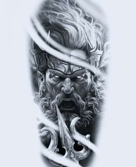 Neptune Tattoo Design, Posídeon Tattoo, Poseidon Tattoo Design Greek Mythology, Neptune Tattoo Poseidon, Greek Gods Tattoo Design, Zues Tattoo Mythology, Poseidon Tattoo Design, Poseidon Art, Neptune Tattoo