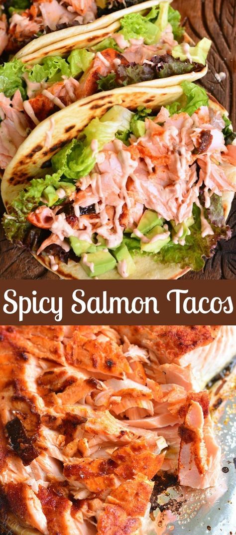 Easy Baked Salmon Tacos. Juicy, flaky salmon is rubbed with a mixture of spices and Chipotles in adobo sauce and baked. Tacos are simply assembled with some crunchy lettuce, avocados, salmon, and then topped with chipotle pepper cream sauce. #salmon #bakedsalmon #chipotlepeppers #tacos Salmon Recipes Spicy, Pepper Cream Sauce, Baked Tacos, Salmon Recipes Baked, Salmon Recipes Baked Healthy, Recipes Spicy, Garlic Butter Salmon, Salmon Tacos, Spicy Tacos