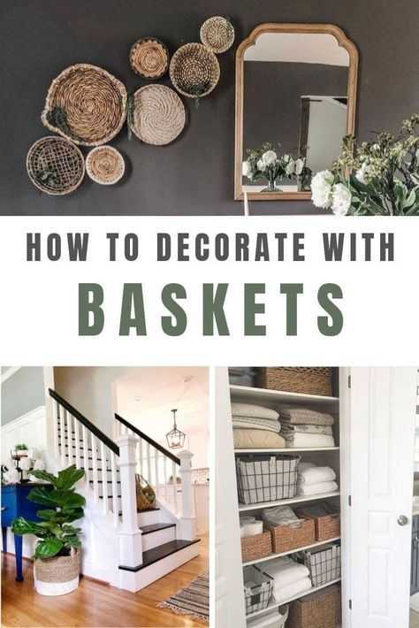 Baskets make great storage but did you know they also make awesome decorations?  Click to see 10 creative and clever ideas on using and decorating with baskets for the living room, in the kitchen, on the wall and floor, on shelves, above cabinets, in bathroom and bedroom.  Everything from modern to farmhouse style and basket trays, with and without handles, lighting, pendant lights, plants, and closet storage. #lifeonsummerhill #baskets #basketstorage #organizing #homedecor Wall Of Baskets Decor, Bathroom Shelves With Baskets, Shelves Above Cabinets, Baskets On Shelves, Cabinets In Bathroom, How To Decorate With Baskets, Basket Styling, Decorating With Baskets, Basket Trays