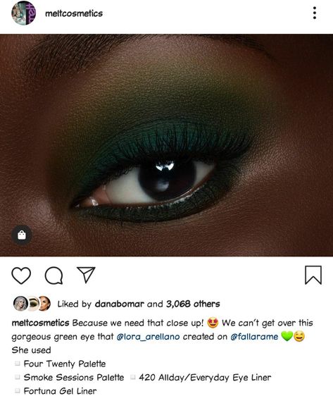 #meltfourtwenty Sage Green Smokey Eye, Olive Green Eyeshadow, Jewelry Nails, Green Smokey Eye, Green Eye, Green Eyeshadow, Dark Skin Makeup, Gel Liner, Smokey Eye