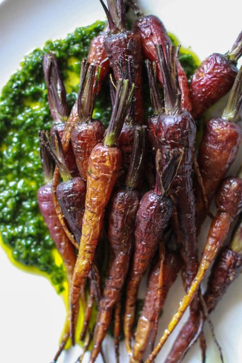 roasted baby carrots with chimichurri sauce www.girlontherange.com Roasted Baby Carrots, Roasted Carrot, Bon Appetit Magazine, Chimichurri Sauce, Grilled Fish, Roasted Carrots, Baby Carrots, Fun Snacks, Healthy Eats