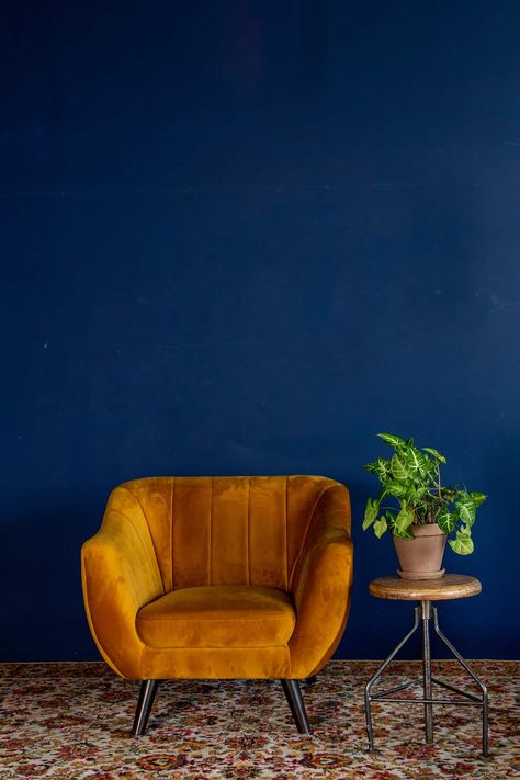 10 Colors that Go Well with Mustard Yellow (Photos Inc.) - Homenish Mustard Yellow Complementary Colors, Yellow Ochre Living Room, Mustard Yellow Office Decor, Mustard Chair Living Room, Mustard Yellow Living Room Ideas, Mustard Accent Chair, Colors That Go With Mustard Yellow, Mustard Yellow Couch Living Rooms, Maximalist Library