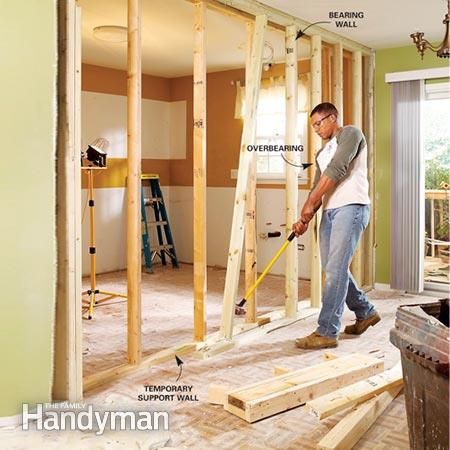 After the temporary wall is complete, knock out the existing studs where the load bearing beam will go. Load Bearing Beam, Removing Wall, Brick Floor, Framing Construction, Remodel Diy, Load Bearing Wall, Diy House Renovations, Support Wall, Bow Window