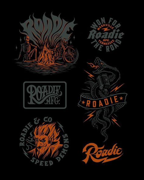 Chad Patterson’s Instagram post: “A round up of designs for Roadie MFG...Stoked to be a part of this new apparel brand. More coming soon on this! @labelindustries Swipe for…” Roadies Logo, Trendy Streetwear T-shirt With Band Logo, Trendy Band Logo T-shirt For Streetwear, Tire Logo Design, Rock Style Band Logo T-shirt For Streetwear, Offroad Design Graphic, Coming Soon Design, Tattoo Studio Interior, Coffee Shop Logo Design