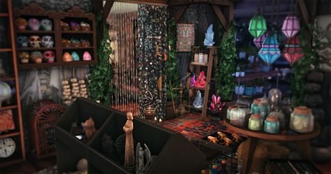 Sims Witch Cottage, Sims 4 Occult House, Sims 4 Witch Room, Sims 4 Witch Cc Furniture, Sims 4 Maximalist Cc, Sims 4 Witch House, Potion Bar, Potion Shop, Witch Store