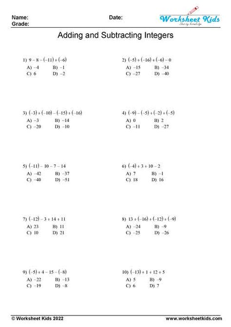 Adding and Subtracting Integers Worksheets: Grades 6,7 & 8 - PDF 6th Grade Math Worksheets, Subtracting Integers Worksheet, Social Studies Maps, 8th Grade Math Worksheets, Decimals Addition, Multiplication Arrays, Math Integers, Adding And Subtracting Integers, Adding Integers