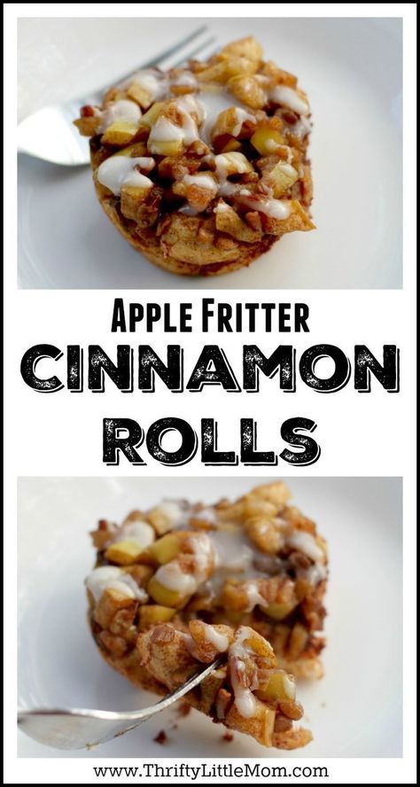 Apple Fritter Cinnamon Rolls Recipe. This easy & tasty recipe is one that you can make with fresh or canned apples as well as Pillsbury or other refrigerated cinnamon bun dough. Bake this in muffin cups for a simple fall breakfast or dessert! Apple Fritter Cinnamon Roll, Cinnamon Bun Dough, Pillsbury Cinnamon Roll Recipes, Fresh Apple Recipes, Pillsbury Cinnamon Rolls, Cinnamon Roll Muffins, Apple Cinnamon Rolls, Apple Fritter, Canned Apples