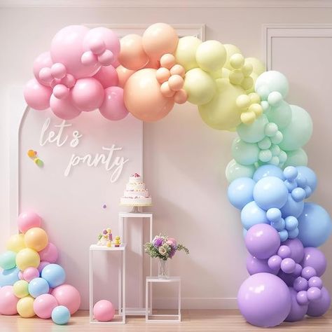 Amazon.com: HOUSE OF PARTY 140PCS Pastel Rainbow Balloon Arch Garland Kit - Balloon Arch Kit-Birthday Balloons, Globos para Decoracion de Fiestas | Ideal for Graduation Party Decorations, First Birthday Wedding : Toys & Games Pastel Rainbow Balloon Arch, Rainbow Theme Party Decorations, Floral Balloon Arch, Pastel Theme Party, Rainbow Birthday Decorations, Rainbow Balloon Arch, Rainbow Themed Birthday Party, Rainbow First Birthday, Rainbow Party Decorations